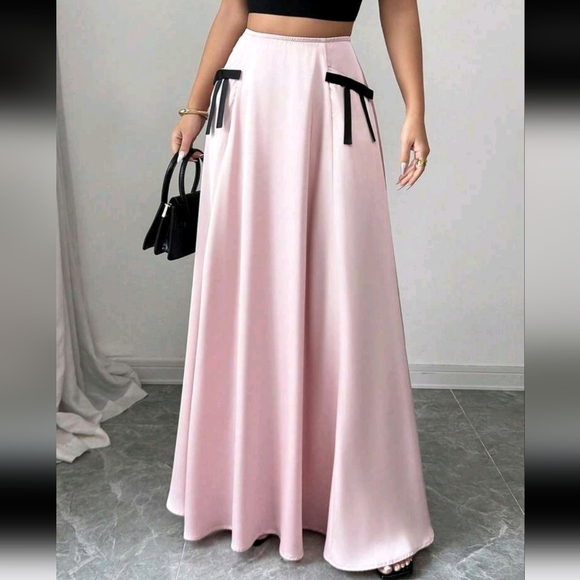 Elegant & Graceful Pink Satin Sheen A-Line Long Skirt With Black Bow Patchwork